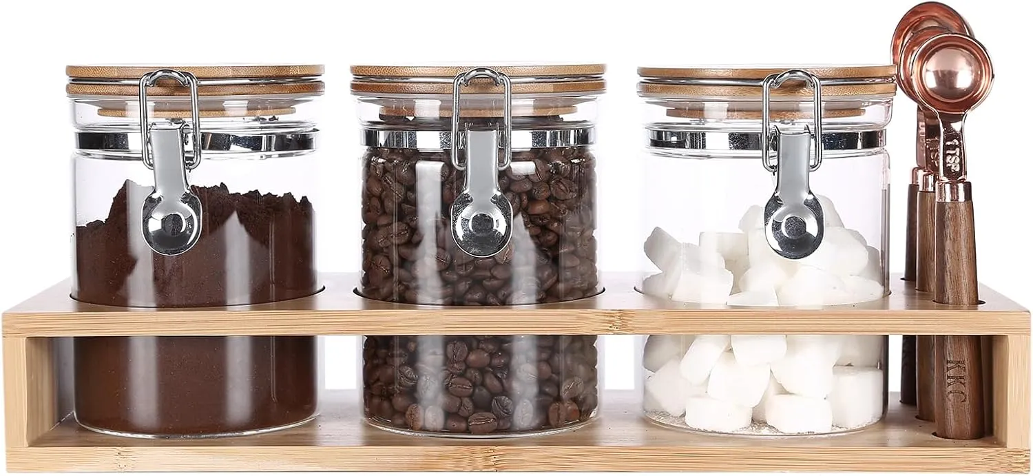 KKC Glass Storage Jars with Airtight Hinged Lids,Sealed Glass Containers for Loose Leaf Tea,Coffee Bean,Ground Coffee,Brown Sugar, Sealed Jar Canisters with Spoon for Kitchen Counter,27 Fluid-oz