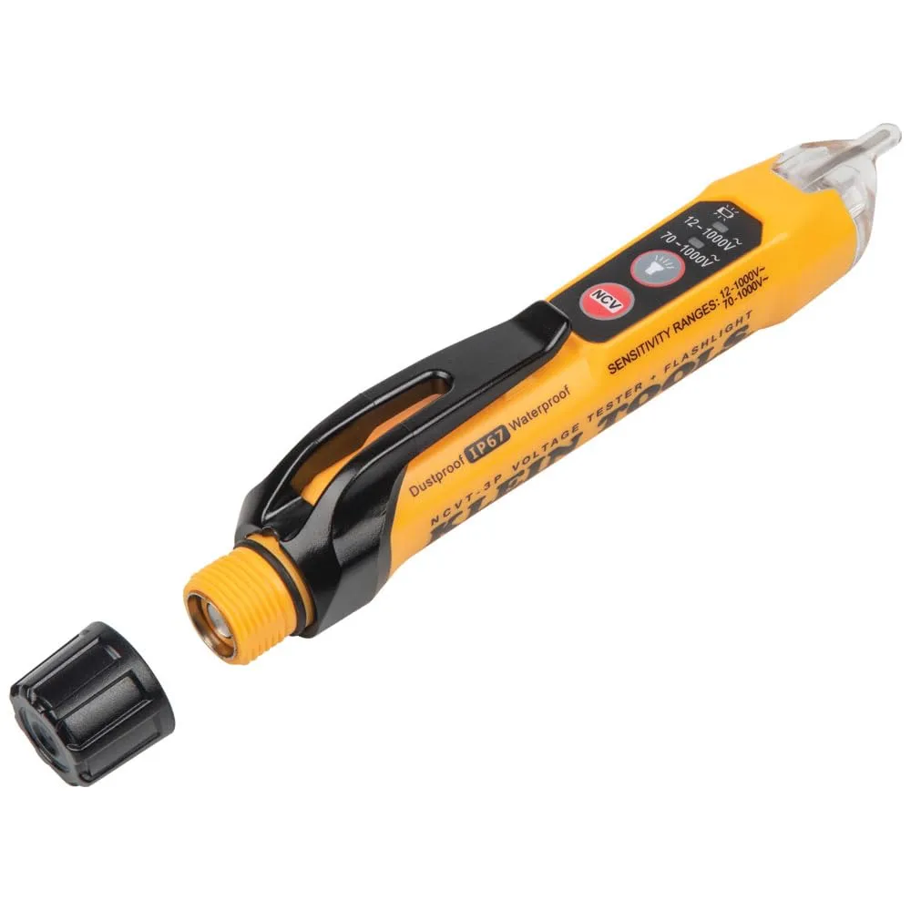 Klein Tools NCVT3P Dual Range Non Contact Voltage Tester, 12 - 1000V AC Pen, Flashlight, Audible and Flashing LED Alarms, Pocket Clip
