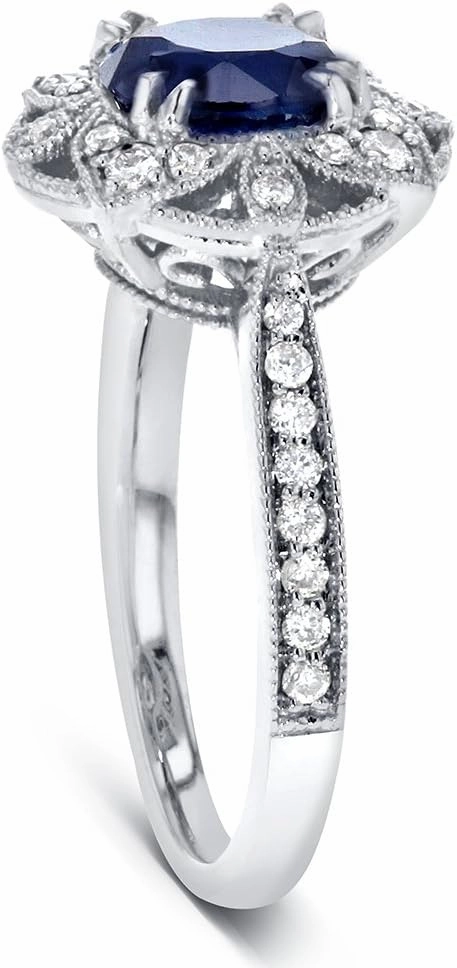 Kobelli Antique Style Floral Sapphire and Diamond Engagement Ring 1 1/2 Carat (ctw) in 14k White Gold