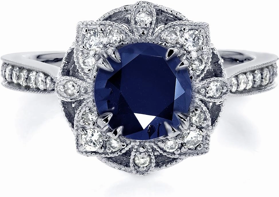 Kobelli Antique Style Floral Sapphire and Diamond Engagement Ring 1 1/2 Carat (ctw) in 14k White Gold
