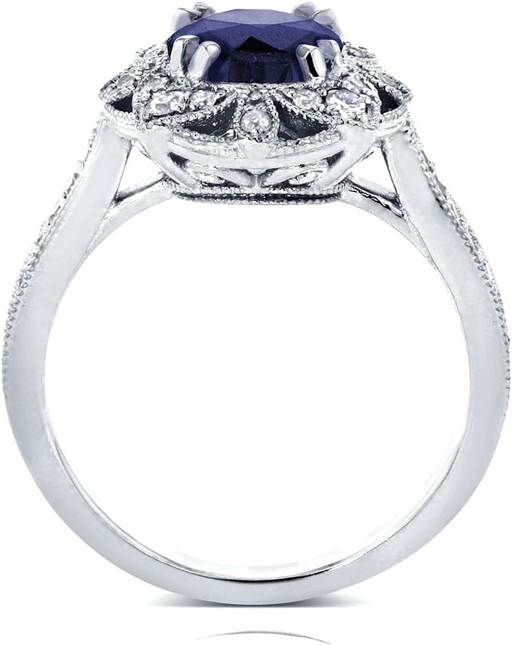 Kobelli Antique Style Floral Sapphire and Diamond Engagement Ring 1 1/2 Carat (ctw) in 14k White Gold