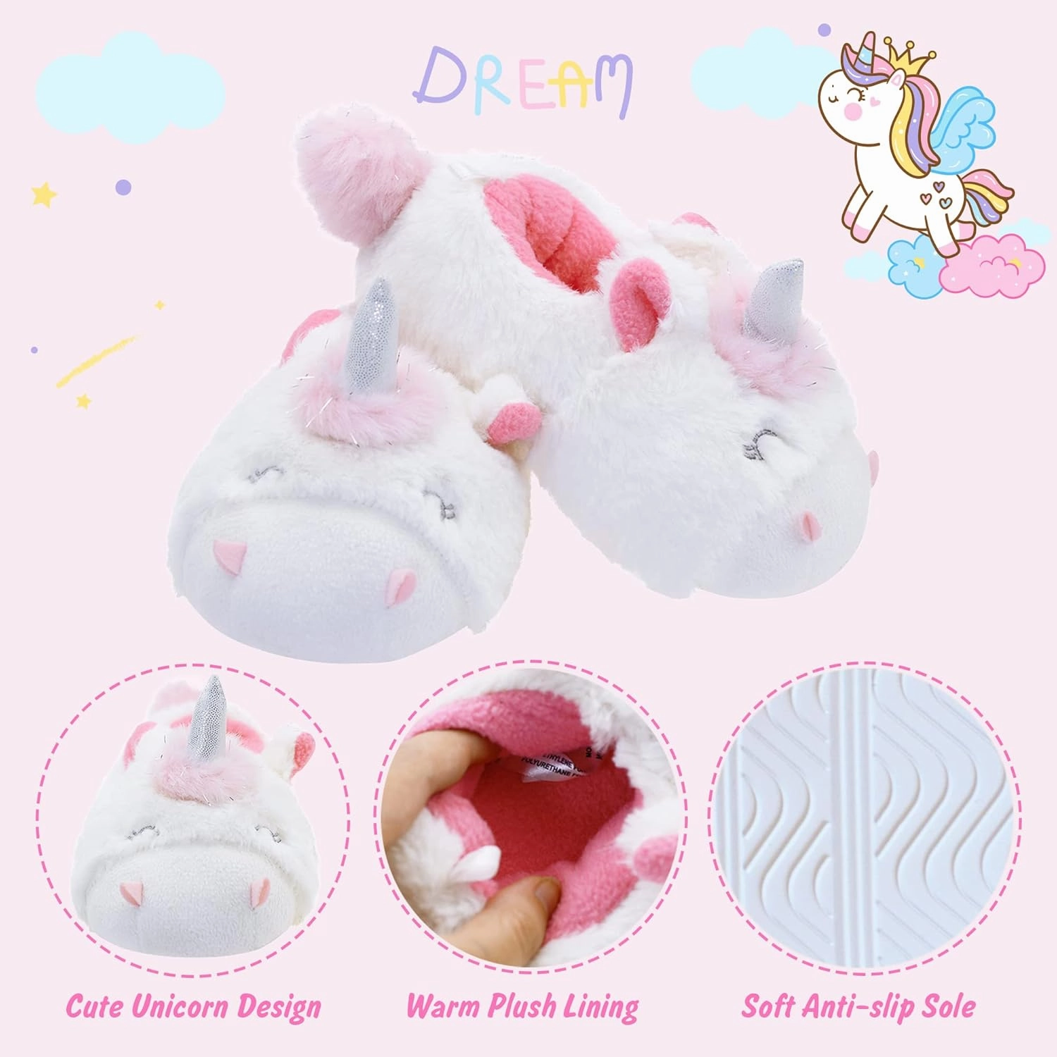 LA PLAGE Girls Unicorn Slippers for Toddler Kid Comfortable Wave-like Cozy Soft House Slippers for Toddler Girl