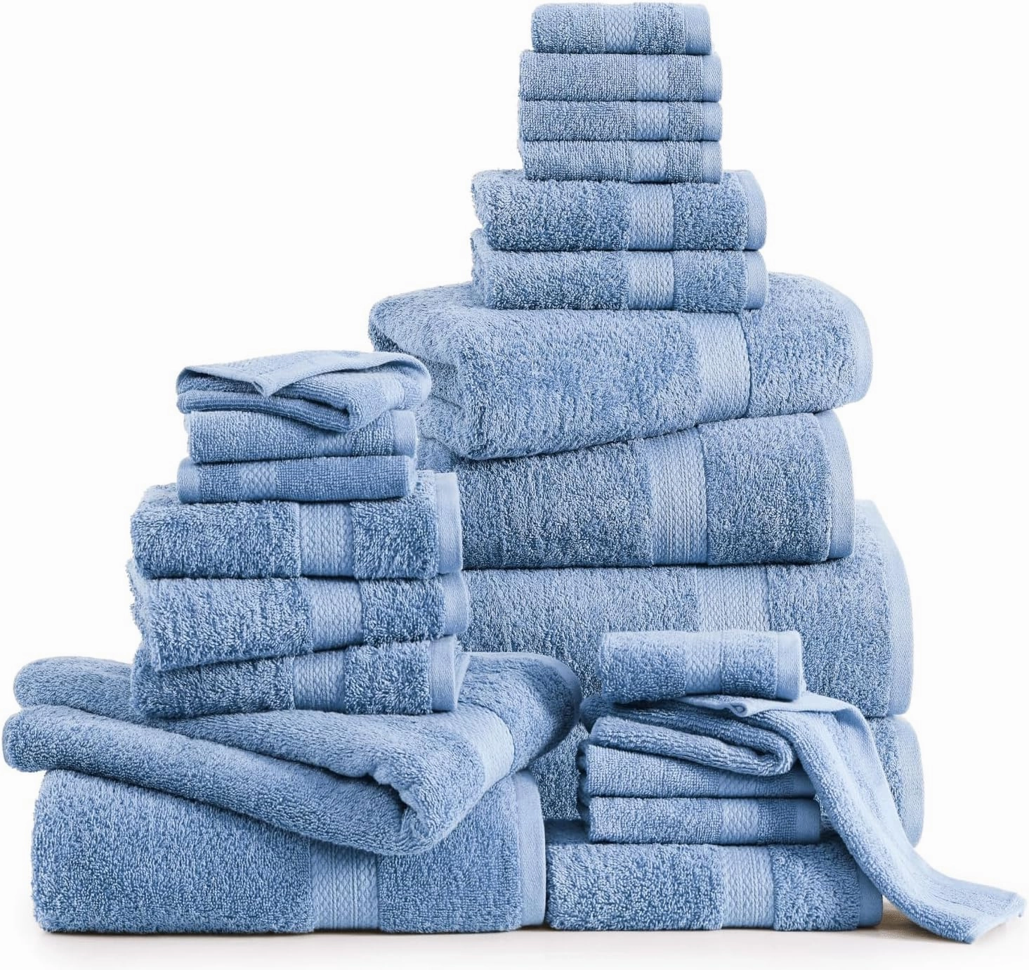 Lane Linen 100% Cotton Bathroom Towels Set - 24 Pcs - Ring Spun, Quick Dry, Very Soft & Absorbent - 2 Bath Sheets, 4 Fingertip, 4 Bath, 6 Hand Towels, 8 Washcloths - Oeko Tex Certified - Cerulean Blue