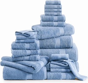 Lane Linen 100% Cotton Bathroom Towels Set - 24 Pcs - Ring Spun, Quick Dry, Very Soft & Absorbent - 2 Bath Sheets, 4 Fingertip, 4 Bath, 6 Hand Towels, 8 Washcloths - Oeko Tex Certified - Cerulean Blue