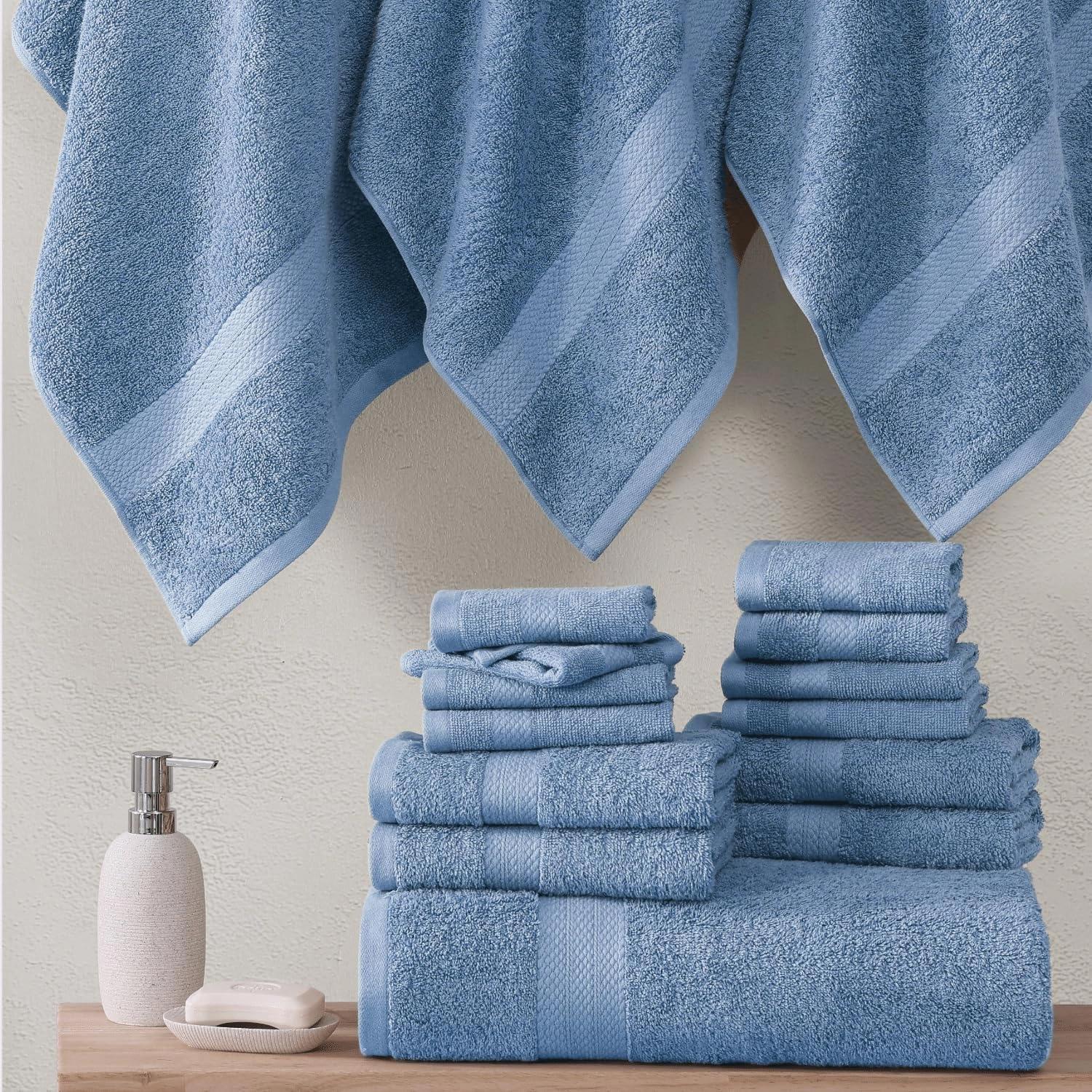 Lane Linen 100% Cotton Bathroom Towels Set - 24 Pcs - Ring Spun, Quick Dry, Very Soft & Absorbent - 2 Bath Sheets, 4 Fingertip, 4 Bath, 6 Hand Towels, 8 Washcloths - Oeko Tex Certified - Cerulean Blue