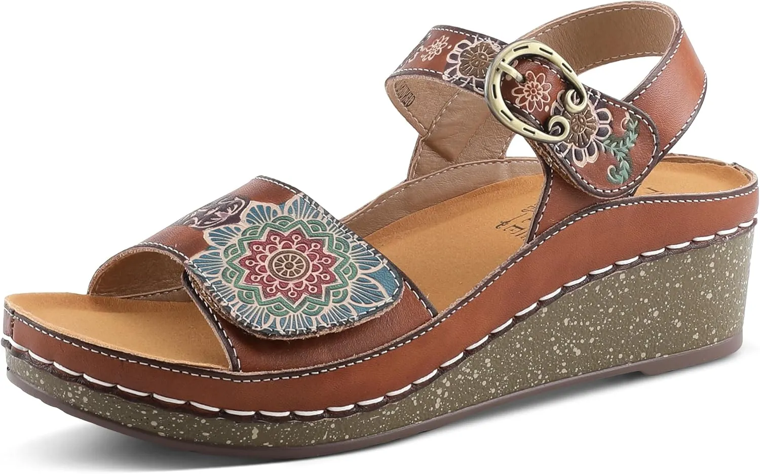 L'Artiste Women's ROSHNI Slingback Sandals – Hand-Painted Leather Floral Wedge with Adjustable Comfort Straps