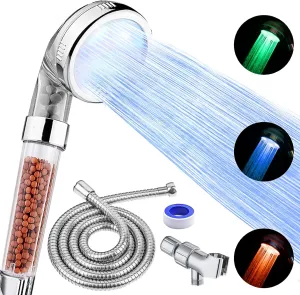 LED Shower Head with Handheld, Shower Head High Pressure Shower Head with Hose, Holder & PTFE Tape etc, 3 Water Temperature-Controlled Water Saving Filtered Shower Head for Dry Hair& Skin