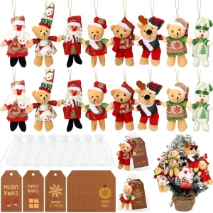 Lenwen 16 Sets 5.1 Inch Christmas Mini Plush Bear Stuffed Animal Plush Toy Small Bear Doll Christmas Tree Decorations Stockings with Xmas Gift Tags Bags for Party Favors Winter, 8 Styles(Fancy)