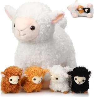 Lenwen 5 Pcs Lamb Stuffed Animal Toys Sets, 14 Inch Mommy Lamb Plush with 4 Cute Babies in Her Zippered Tummy Soft Cuddly Nursery Sheep Plushie for Farm Birthday Baby Shower Easter Gifts(Cute Style)