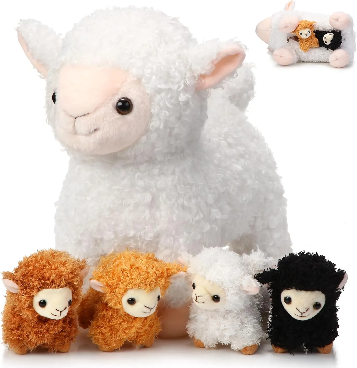 Lenwen 5 Pcs Lamb Stuffed Animal Toys Sets, 14 Inch Mommy Lamb Plush with 4 Cute Babies in Her Zippered Tummy Soft Cuddly Nursery Sheep Plushie for Farm Birthday Baby Shower Easter Gifts(Cute Style)