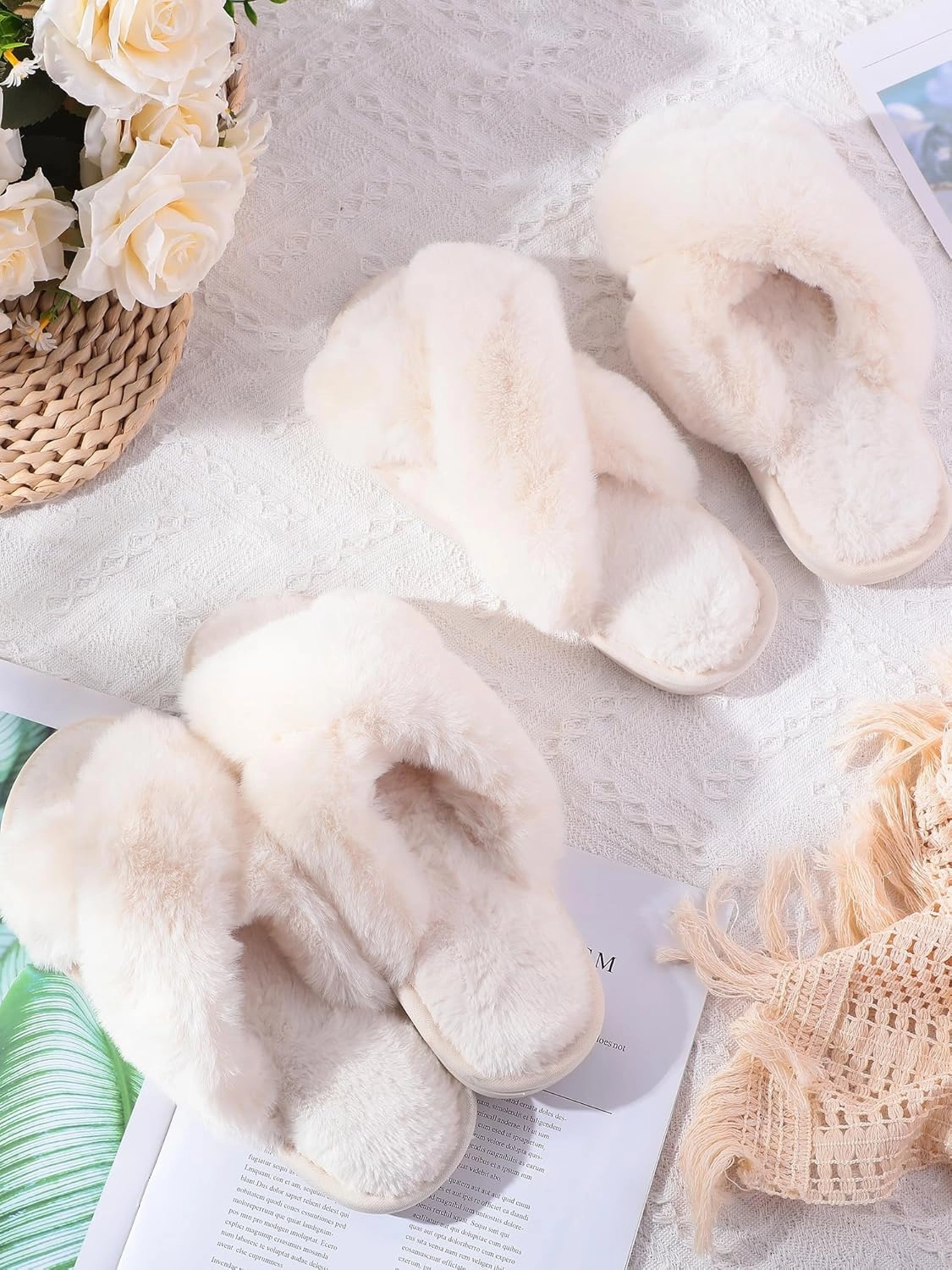 Liitrsh 8 Pairs Women's Cross Band Slippers Fuzzy House Slippers Plush Furry Bridesmaid Shoes Open Toe Soft Comfy Warm House Shoes for Women