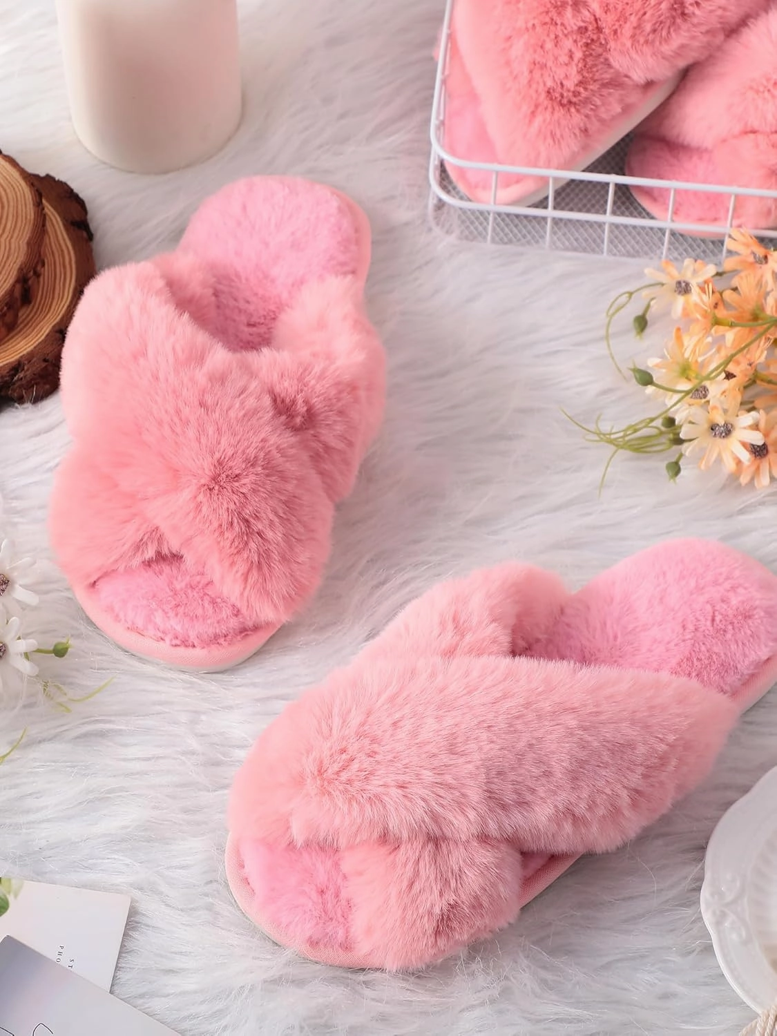 Liitrsh 8 Pairs Women's Cross Band Slippers Fuzzy House Slippers Plush Furry Bridesmaid Shoes Open Toe Soft Comfy Warm House Shoes for Women
