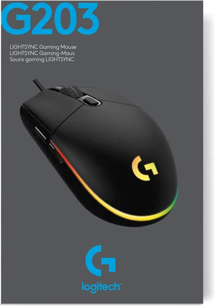 Logitech G203 Wired Gaming Mouse, 8,000 DPI, Rainbow Optical Effect LIGHTSYNC RGB, 6 Programmable Buttons, On-Board Memory, Screen Mapping, PC/Mac Computer and Laptop Compatible - Black