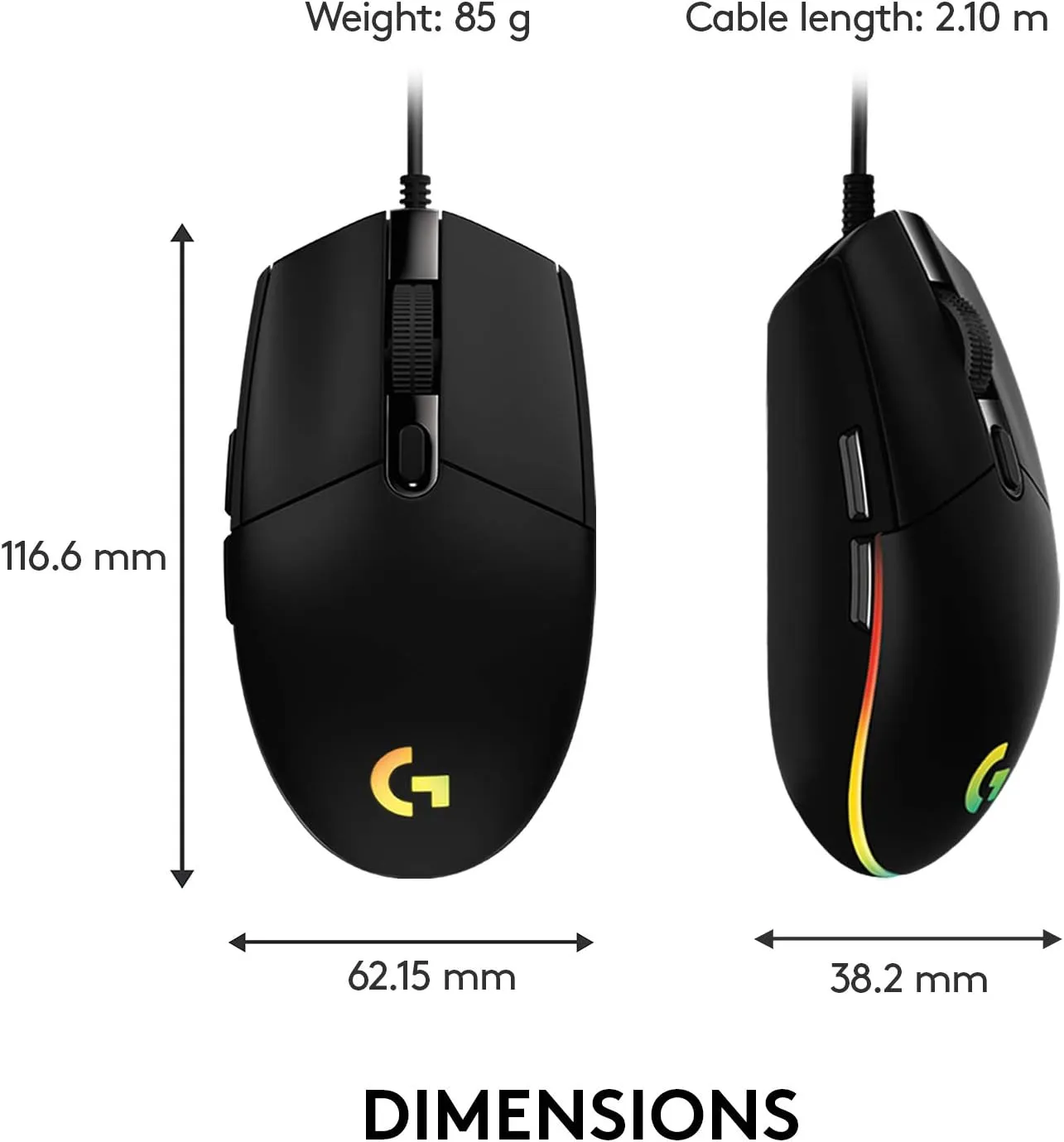 Logitech G203 Wired Gaming Mouse, 8,000 DPI, Rainbow Optical Effect LIGHTSYNC RGB, 6 Programmable Buttons, On-Board Memory, Screen Mapping, PC/Mac Computer and Laptop Compatible - Black