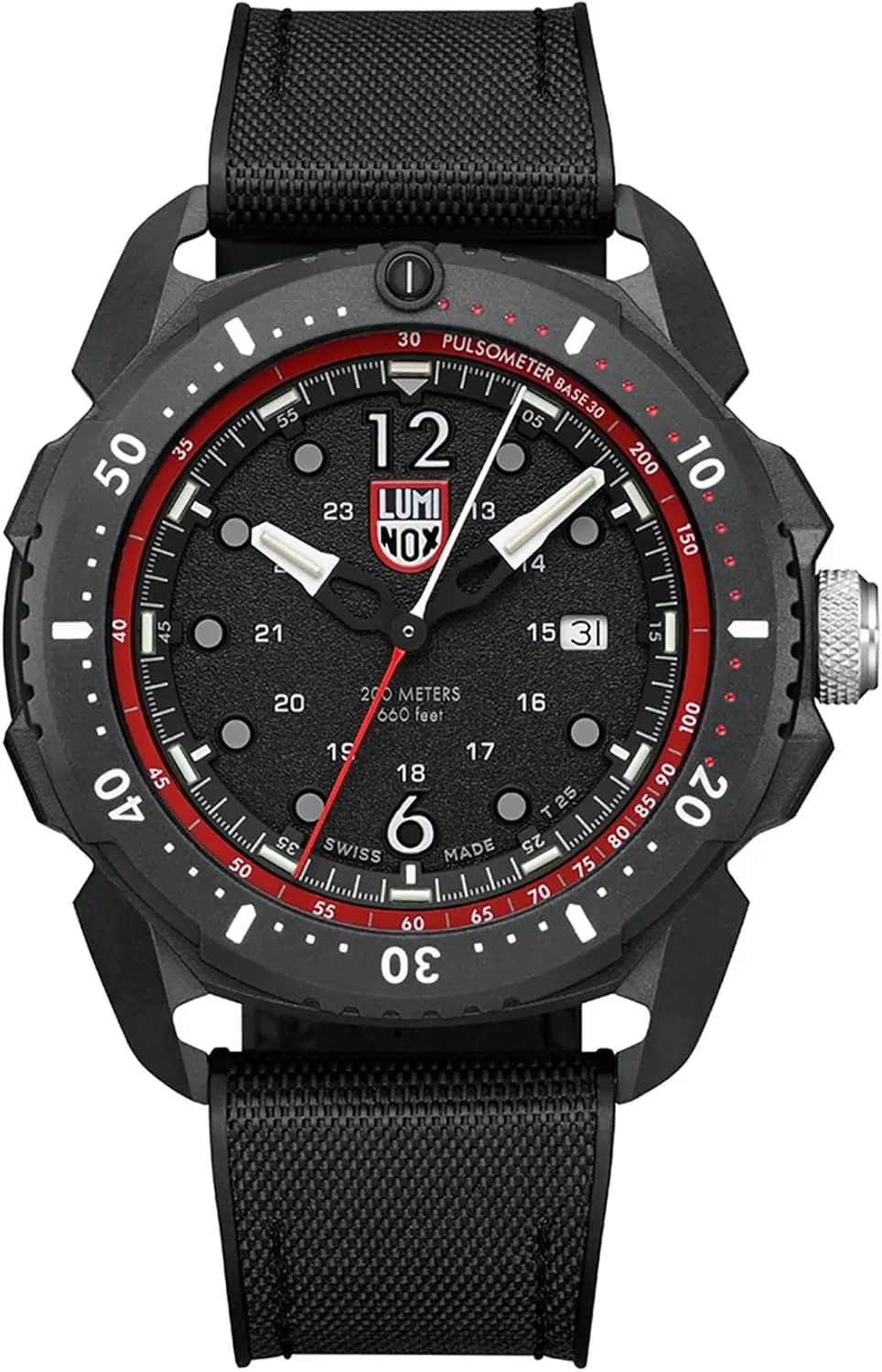 Luminox - ICE-SAR Arctic Men's Watch 46mm Outdoor Adventure Watch – Swiss Made, CARBONOX™ Bezel, Pulsometer Function, Date, Sapphire Crystal, 200m Water Resistance, Black Rubber Strap, Mens Watches