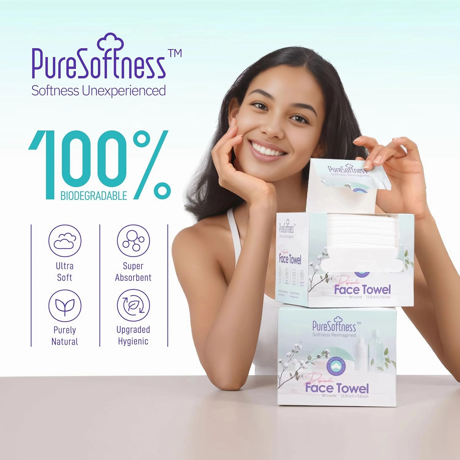Luxuriously Soft Disposable Face Towel, 100% Cotton, Extra Large 12" x 10" Ultra Soft Dry Wipe for Face Wash, Makeup Remover, Bio-Based Towelette for Sensitive Skin 80 Count (1 Pack)