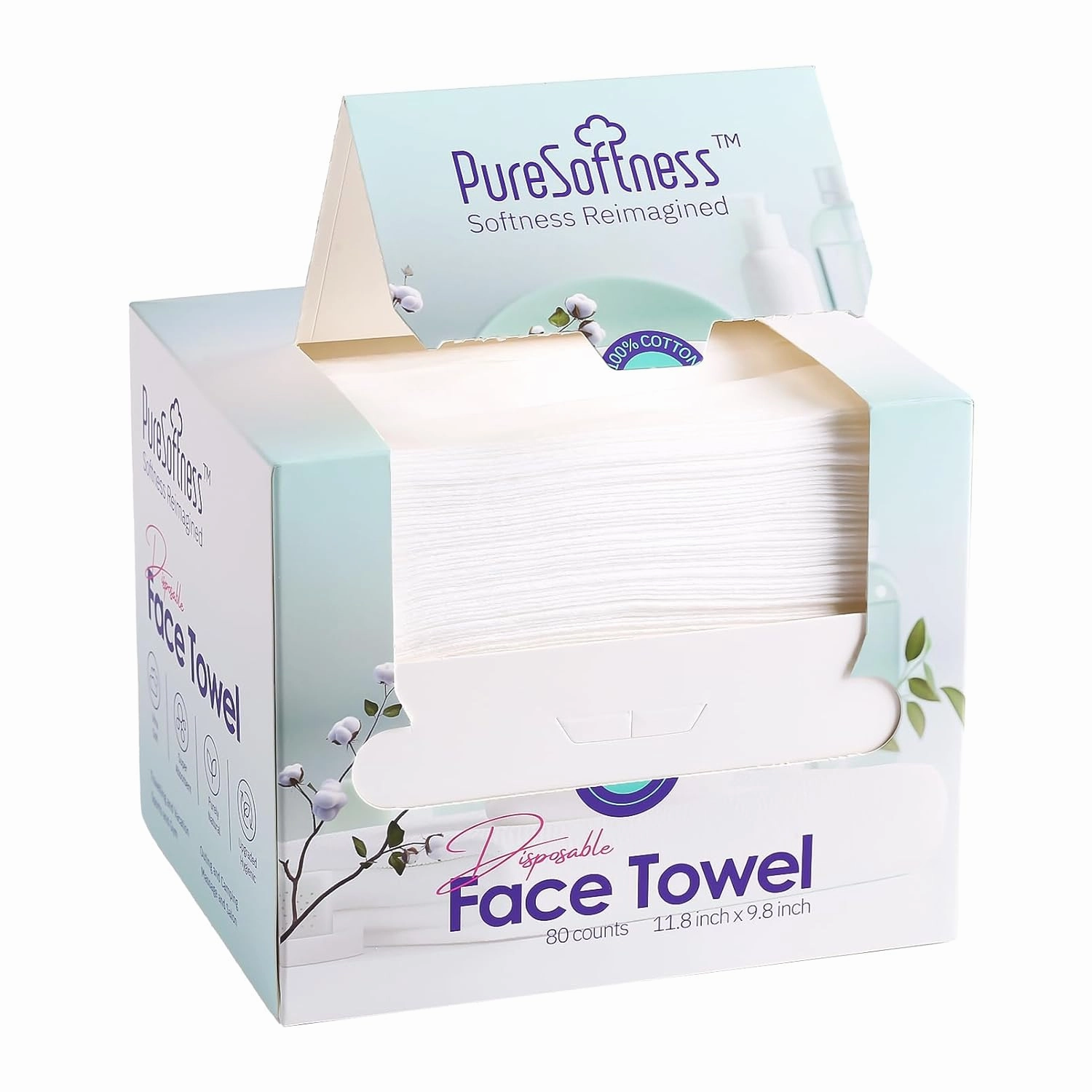 Luxuriously Soft Disposable Face Towel, 100% Cotton, Extra Large 12" x 10" Ultra Soft Dry Wipe for Face Wash, Makeup Remover, Bio-Based Towelette for Sensitive Skin 80 Count (1 Pack)