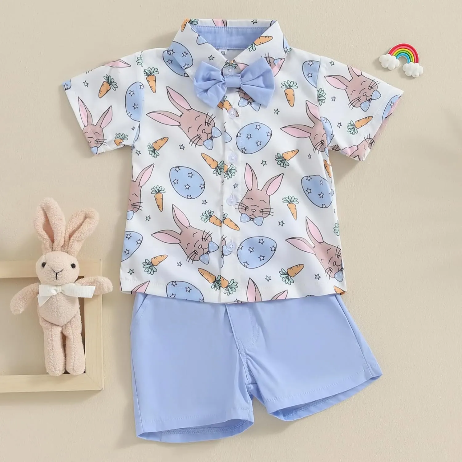 MAINESAKA Toddler Baby Boy Easter Outfit Bunny Print Short Sleeve Button Down Shirt and Shorts Set 2 Piece Summer Clothes