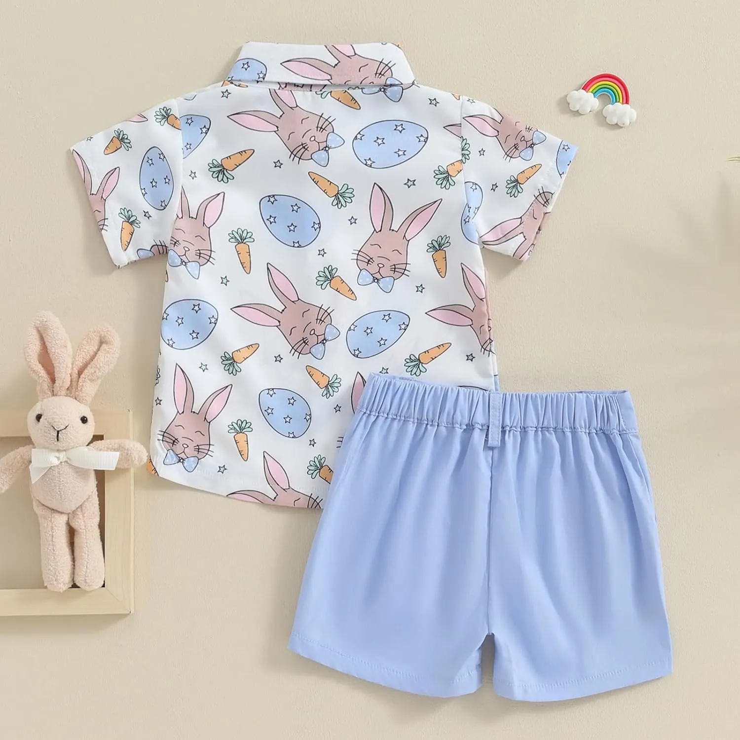 MAINESAKA Toddler Baby Boy Easter Outfit Bunny Print Short Sleeve Button Down Shirt and Shorts Set 2 Piece Summer Clothes