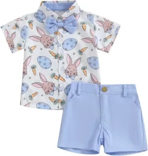 MAINESAKA Toddler Baby Boy Easter Outfit Bunny Print Short Sleeve Button Down Shirt and Shorts Set 2 Piece Summer Clothes