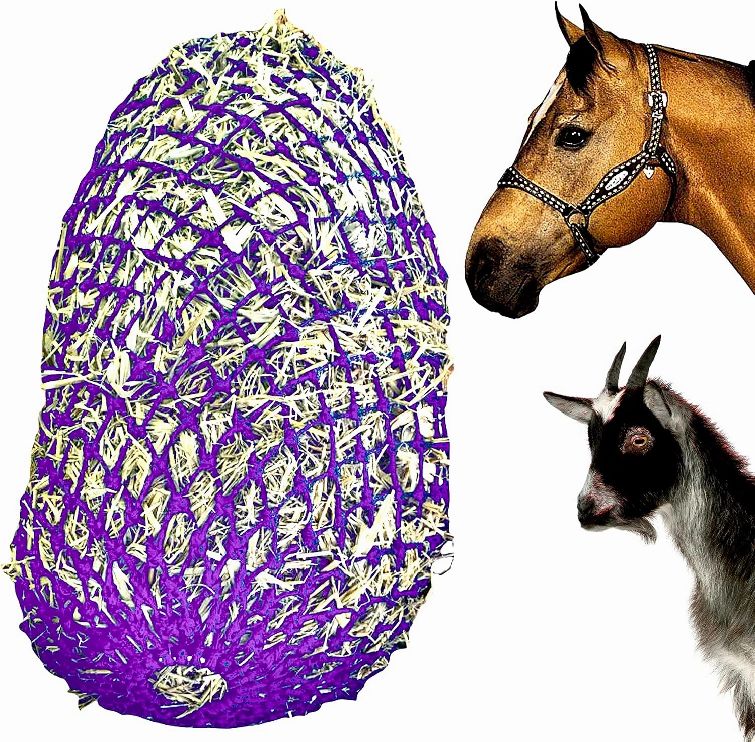 Majestic Ally 1.25”x1.25” Holes Ultra Slow Feed 40” Very Sturdy Hay Net with Bottom Ring for Goat, Sheep, Simulate Grazing and Reduces Waste (Purple)