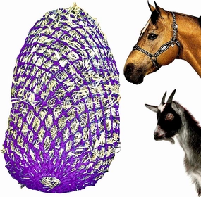 Majestic Ally 1.25”x1.25” Holes Ultra Slow Feed 40” Very Sturdy Hay Net with Bottom Ring for Goat, Sheep, Simulate Grazing and Reduces Waste (Purple)