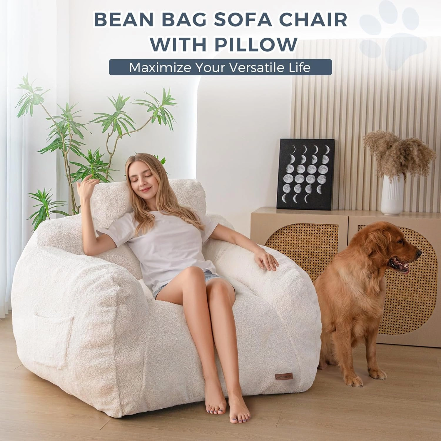 MAXYOYO Giant Bean Bag Chair with Pillow, Boucle Bean Bag Sofa for Adults,Large Upholstered Bean Bag Couch Lazy Sofa with Filler for Reading, Gaming, Beige