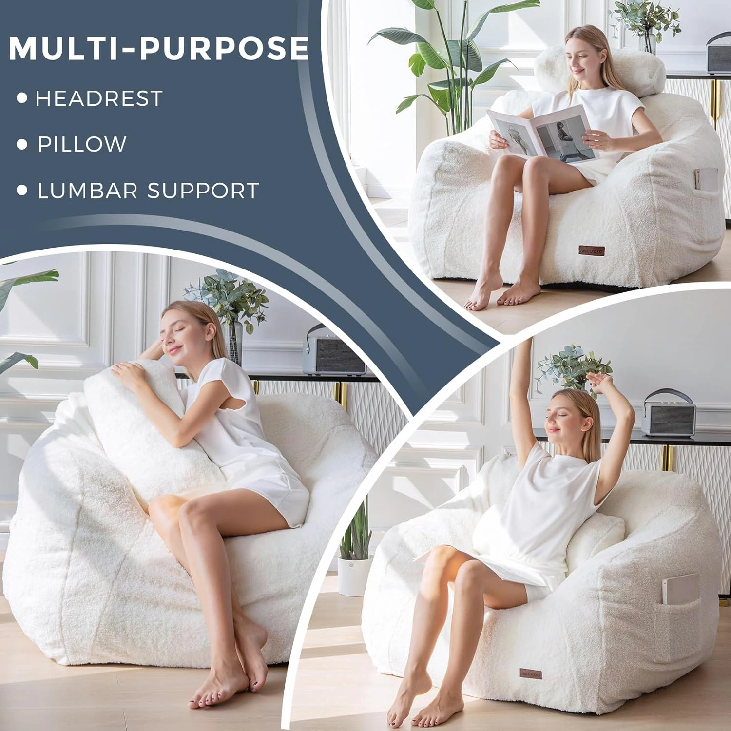 MAXYOYO Giant Bean Bag Chair with Pillow, Boucle Bean Bag Sofa for Adults,Large Upholstered Bean Bag Couch Lazy Sofa with Filler for Reading, Gaming, Beige