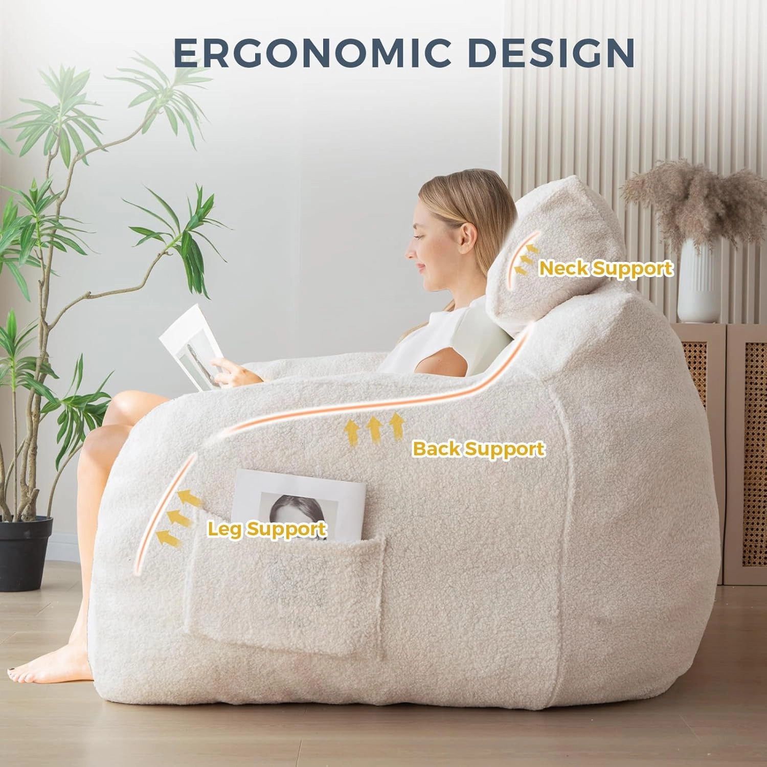MAXYOYO Giant Bean Bag Chair with Pillow, Boucle Bean Bag Sofa for Adults,Large Upholstered Bean Bag Couch Lazy Sofa with Filler for Reading, Gaming, Beige