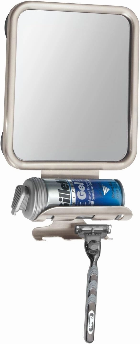mDesign Large Modern Metal Suction Shaving Mirror Center for Bathroom Showers and Tubs - Holders for Shaving Cream and Razors - Satin