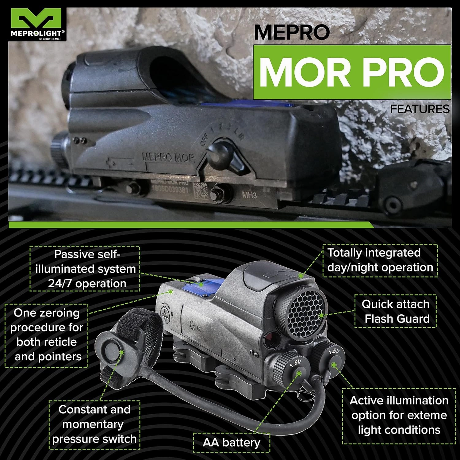 MEPROLIGHT MEPRO MOR Multi-Purpose Reflex Electro Optic Mil-Spec Red Dot with Active and Passive Illumination, Both IR and Visible Pointers.