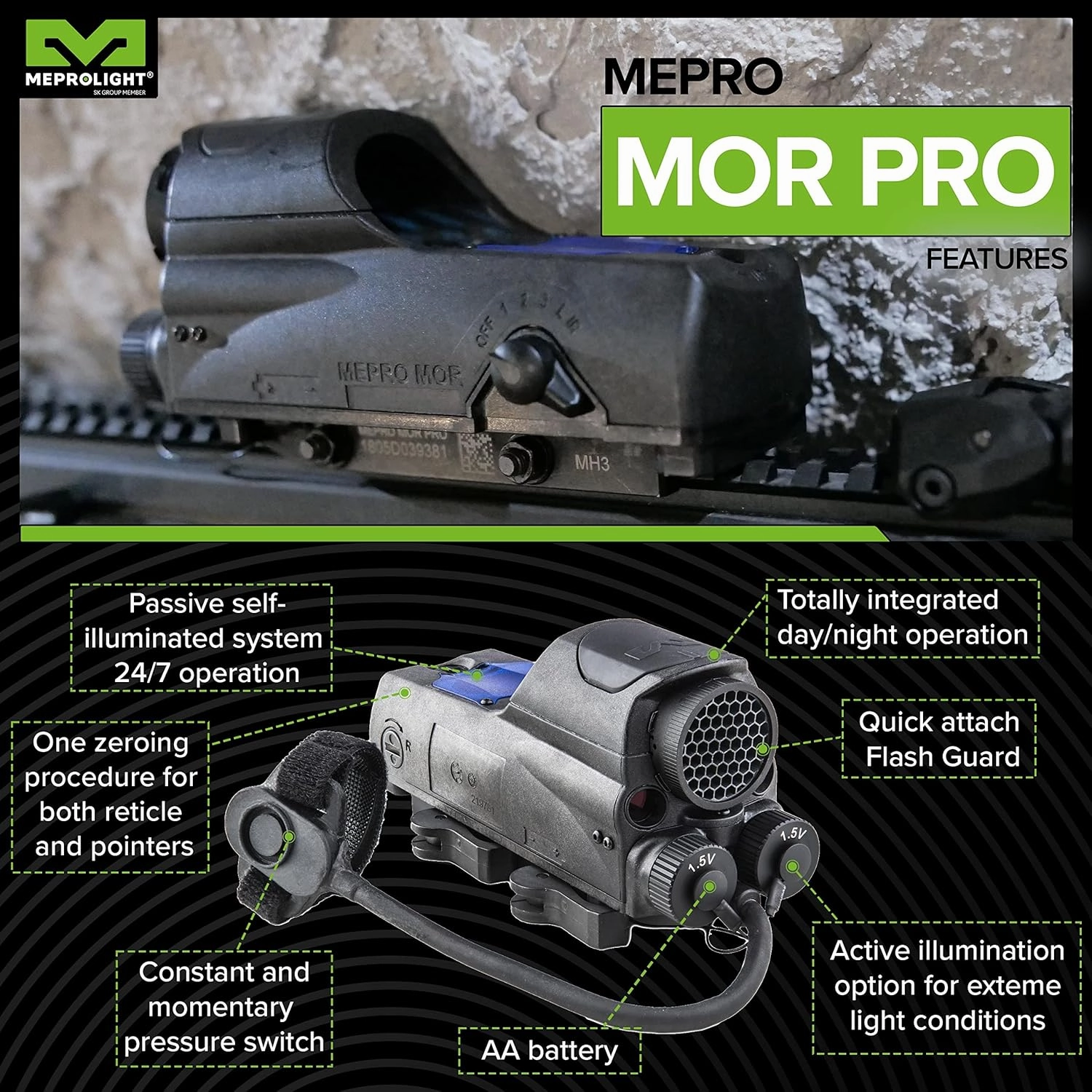 MEPROLIGHT MEPRO MOR Multi-Purpose Reflex Electro Optic Mil-Spec Red Dot with Active and Passive Illumination, Both IR and Visible Pointers.