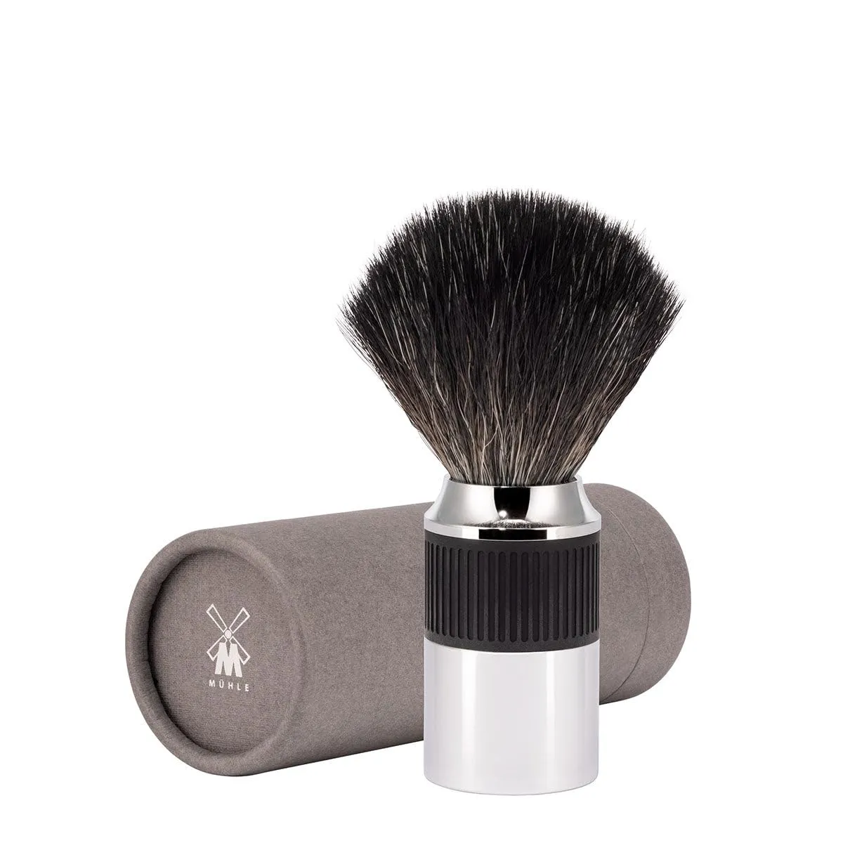 MÜHLE NEO shaving brush | Vegan Shave Brush for Shaving soaps and creams | sustainable eco-friendly and reusable | exfoliating shaving brush | chrome with black silicone grip handle