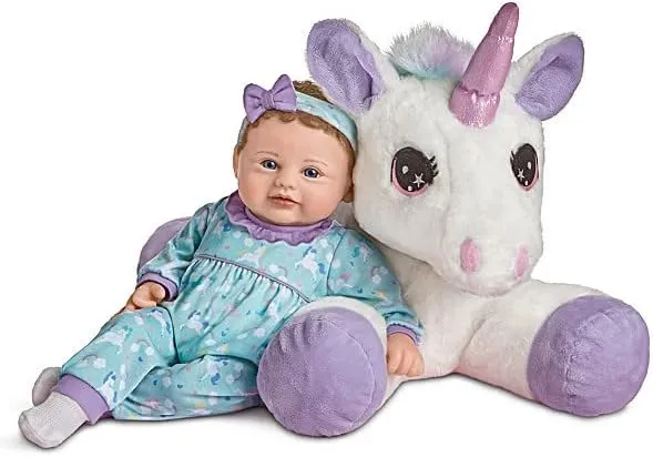 Mia Lifelike Baby Doll and Sparkle Plush Unicorn Set by Ashton-Drake