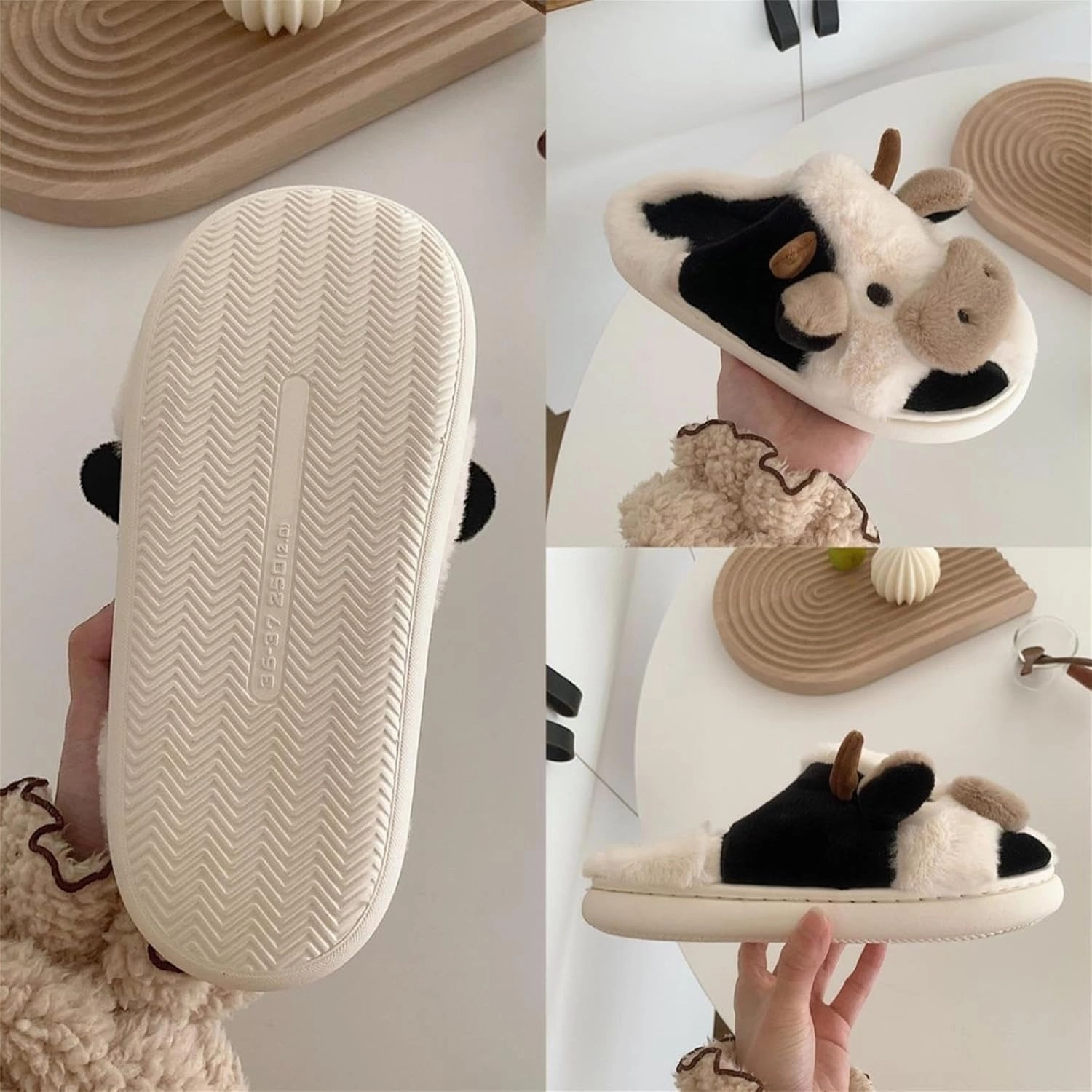 MIXILU Cartoon Cow Cotton Slippers, Cute Cozy Fuzzy Animal Slippers, Winter Indoor Outdoor Slippers for Women
