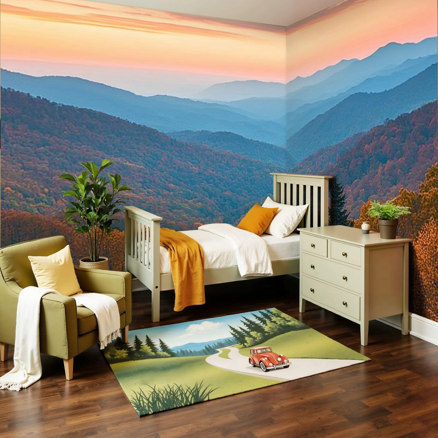 Modern Peel and Stick Wall Mural Wallpaper Rolling Mountain Ranges Sunrise Self Adhesive Removable Wall Stickers for Living Room Bedroom TV Background 69''x96''