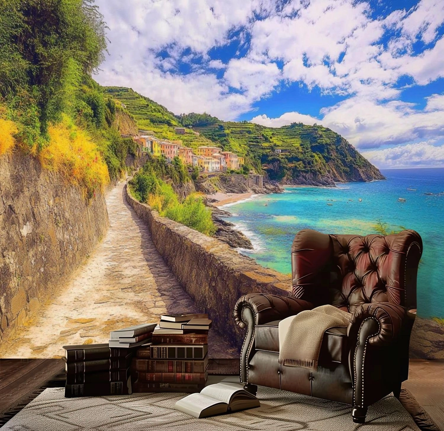 Modern Peel and Stick Wall Mural Wallpaper Walking to Monterosso al Mar Self Adhesive Removable Wall Stickers for Living Room Bedroom TV Background 69''x98''