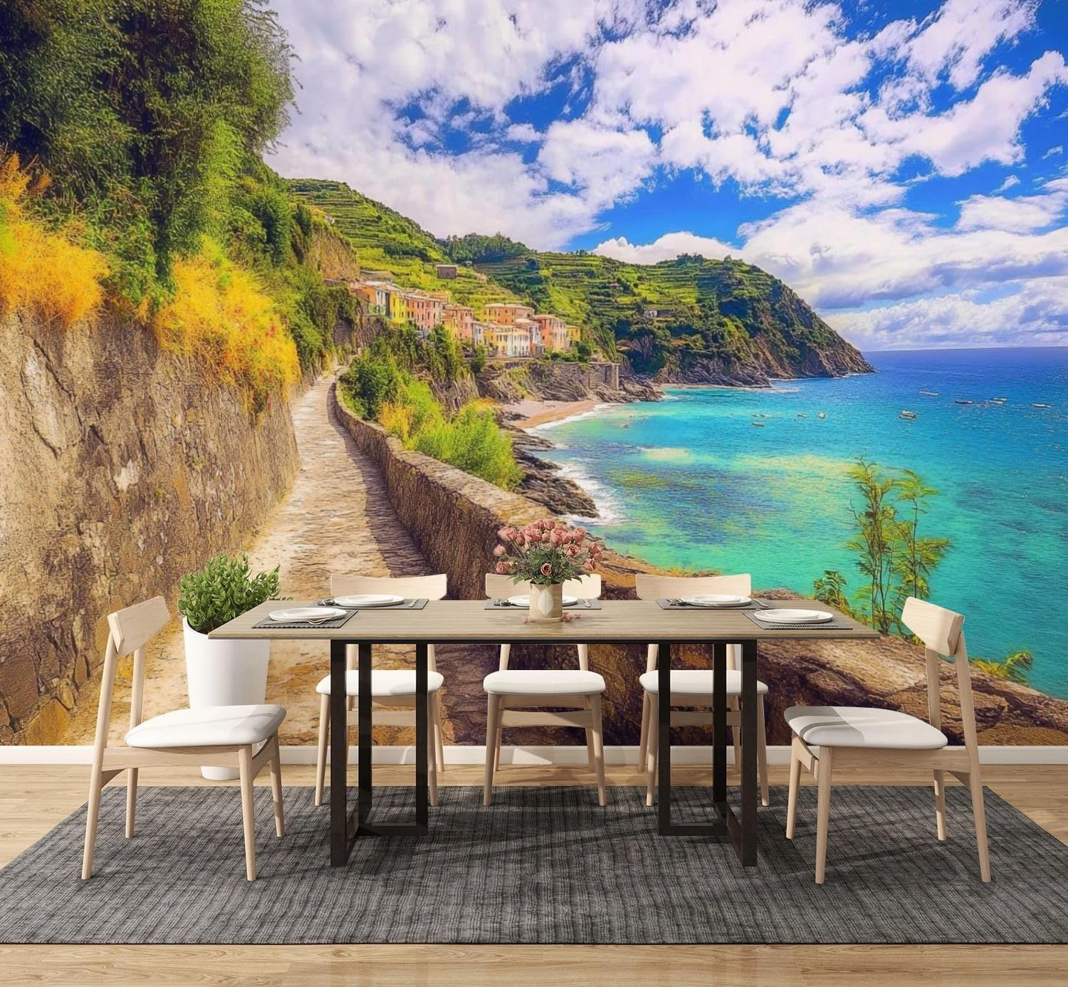 Modern Peel and Stick Wall Mural Wallpaper Walking to Monterosso al Mar Self Adhesive Removable Wall Stickers for Living Room Bedroom TV Background 69''x98''