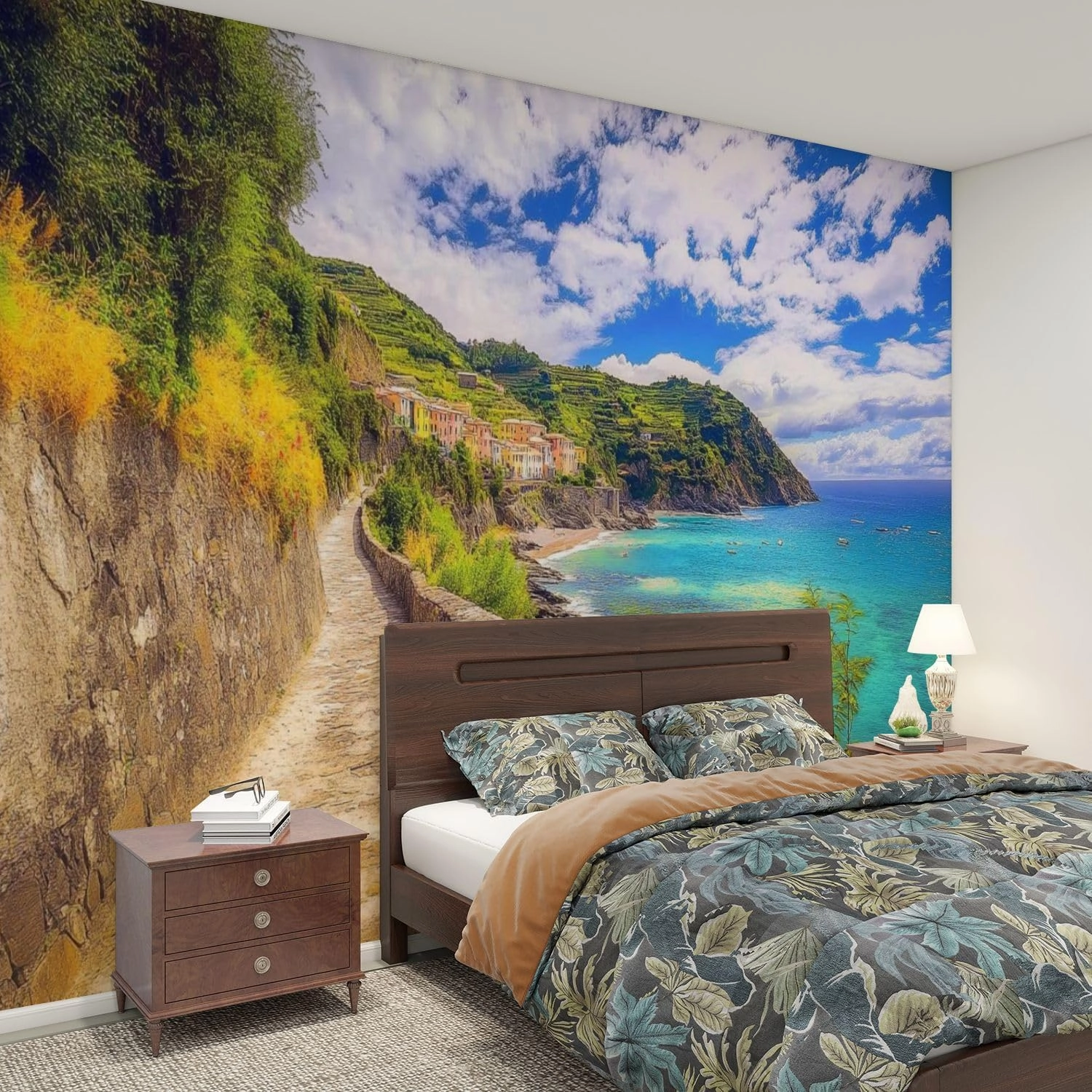 Modern Peel and Stick Wall Mural Wallpaper Walking to Monterosso al Mar Self Adhesive Removable Wall Stickers for Living Room Bedroom TV Background 69''x98''
