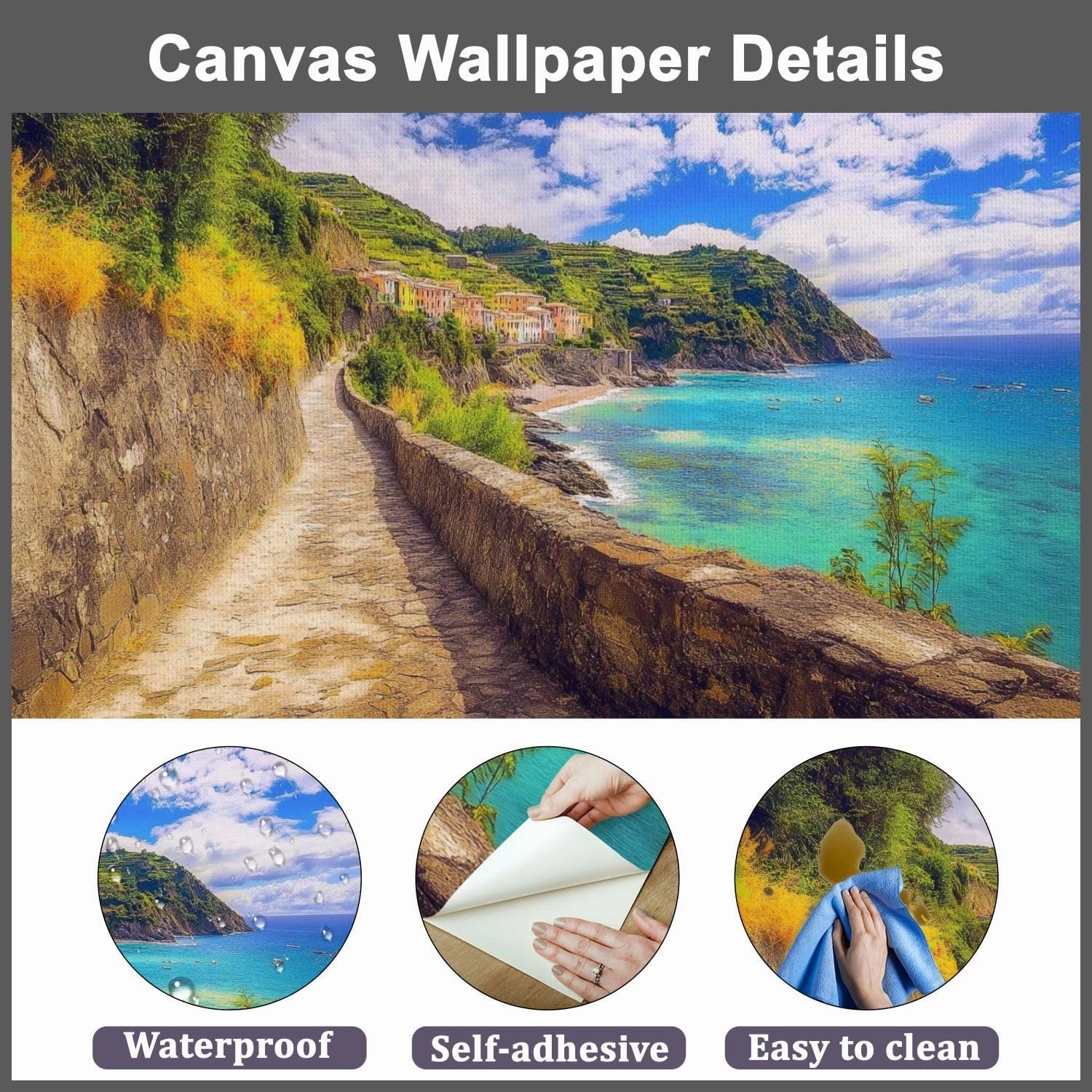 Modern Peel and Stick Wall Mural Wallpaper Walking to Monterosso al Mar Self Adhesive Removable Wall Stickers for Living Room Bedroom TV Background 69''x98''