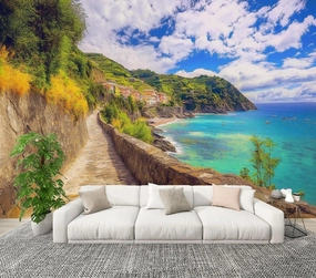 Modern Peel and Stick Wall Mural Wallpaper Walking to Monterosso al Mar Self Adhesive Removable Wall Stickers for Living Room Bedroom TV Background 69''x98''