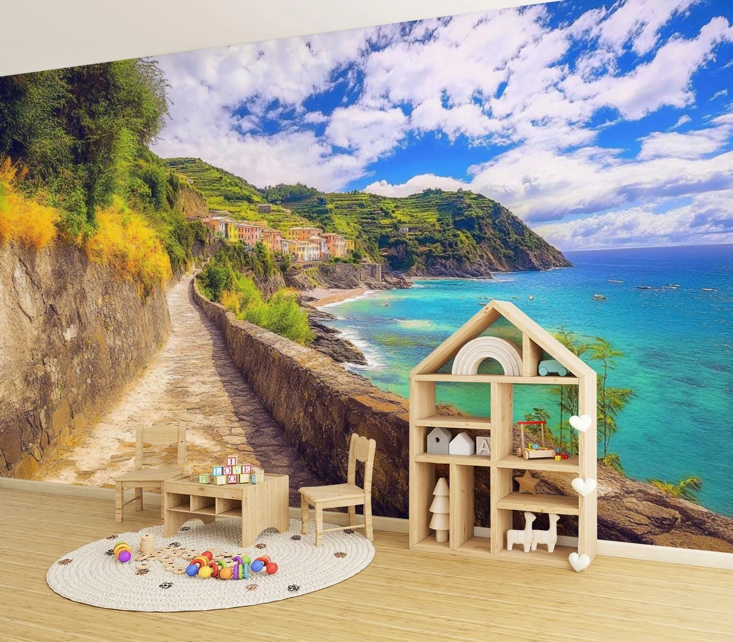 Modern Peel and Stick Wall Mural Wallpaper Walking to Monterosso al Mar Self Adhesive Removable Wall Stickers for Living Room Bedroom TV Background 69''x98''