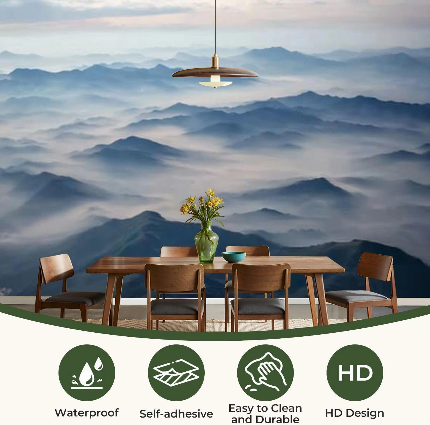 Modern Peel and Stick Wallpaper Removable Wall Murals 3D Misty Mountains Self-Adhesive PVC Wall Stickers for Living Room Bedroom 144"x100"