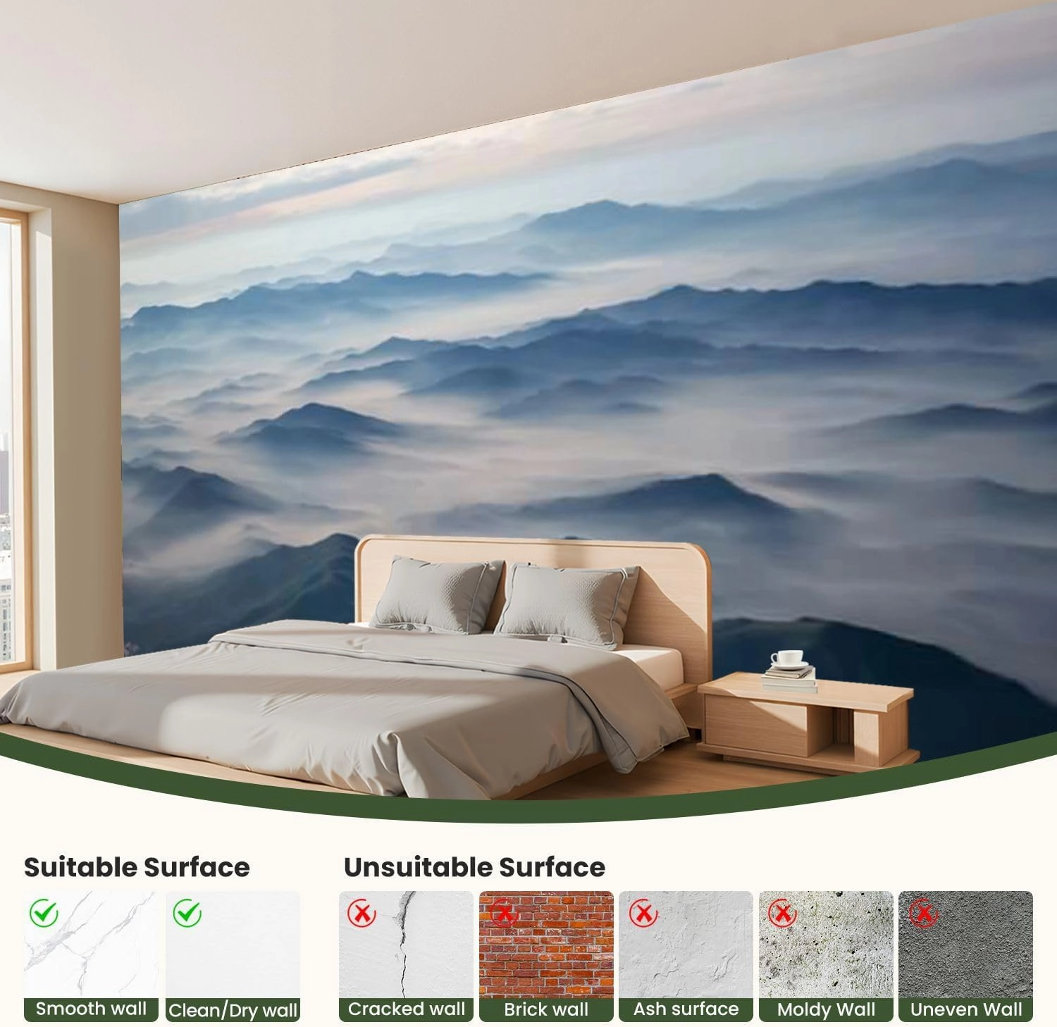 Modern Peel and Stick Wallpaper Removable Wall Murals 3D Misty Mountains Self-Adhesive PVC Wall Stickers for Living Room Bedroom 144"x100"