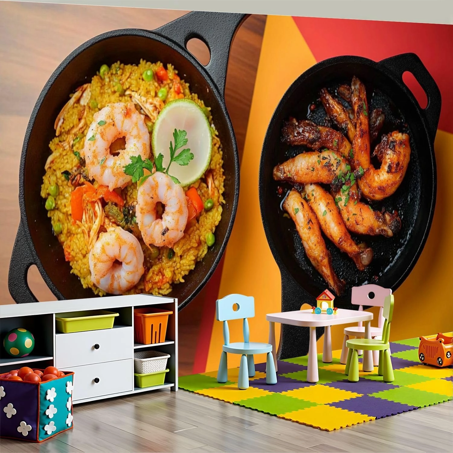 Modern Peel and Stick Wallpaper Removable Wall Murals 3D Rice Seafood Lomo saltado Typical Food Peruvian Cuisine Self-Adhesive PVC Wall Stickers for Living Room Bedroom 96"x69"
