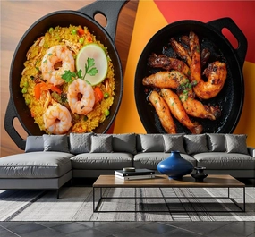 Modern Peel and Stick Wallpaper Removable Wall Murals 3D Rice Seafood Lomo saltado Typical Food Peruvian Cuisine Self-Adhesive PVC Wall Stickers for Living Room Bedroom 96"x69"