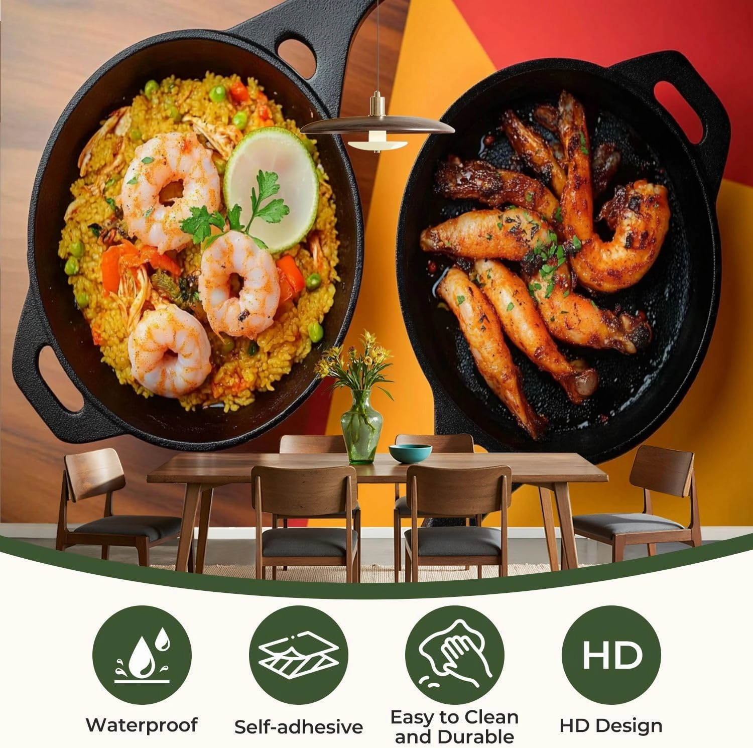 Modern Peel and Stick Wallpaper Removable Wall Murals 3D Rice Seafood Lomo saltado Typical Food Peruvian Cuisine Self-Adhesive PVC Wall Stickers for Living Room Bedroom 96"x69"