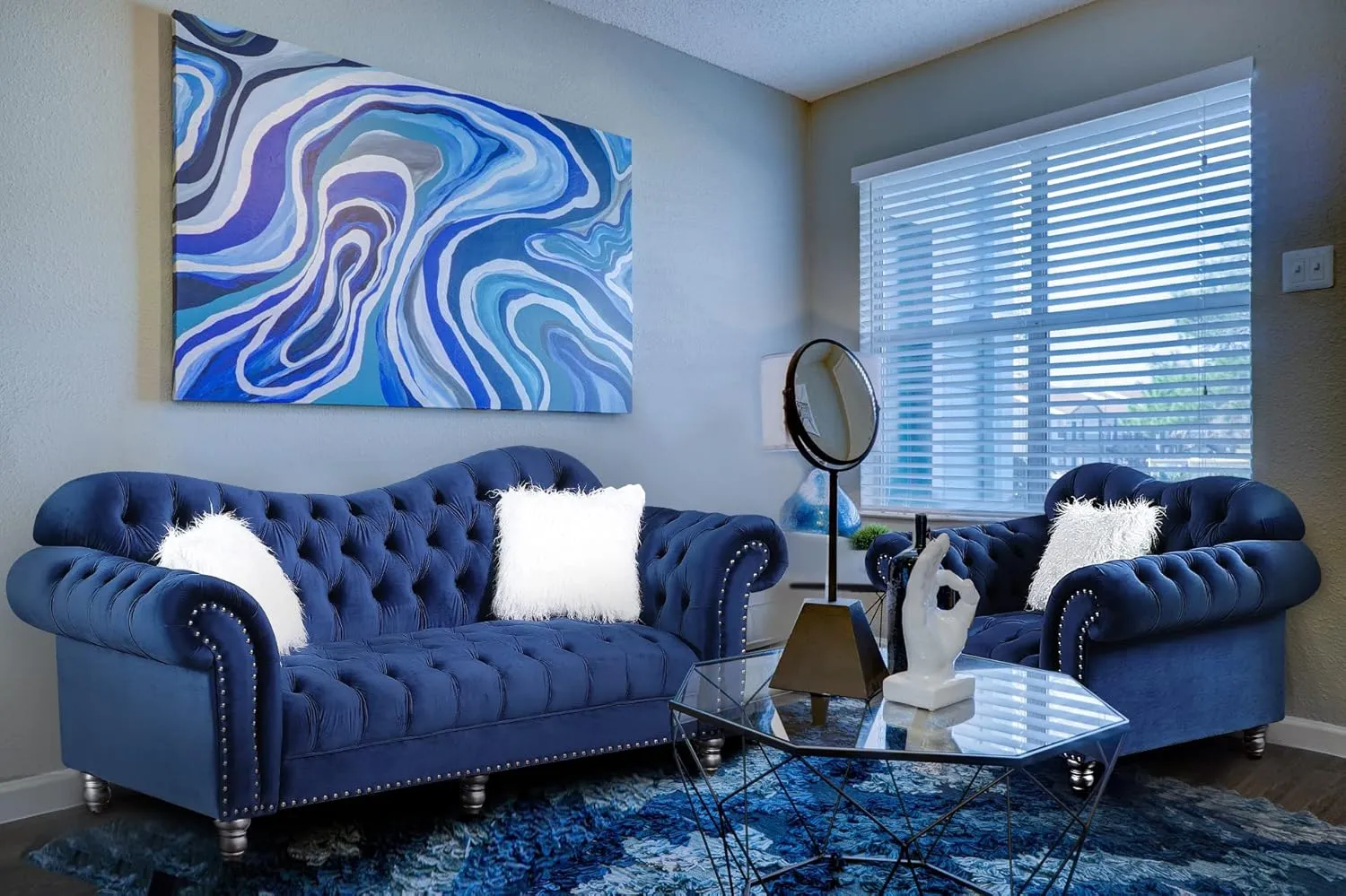 Morden Fort Chesterfield Sofa, 76" W Velvet Tufted Upholstery Sofas, Classic Couches for Living Room Furniture Sets, Blue