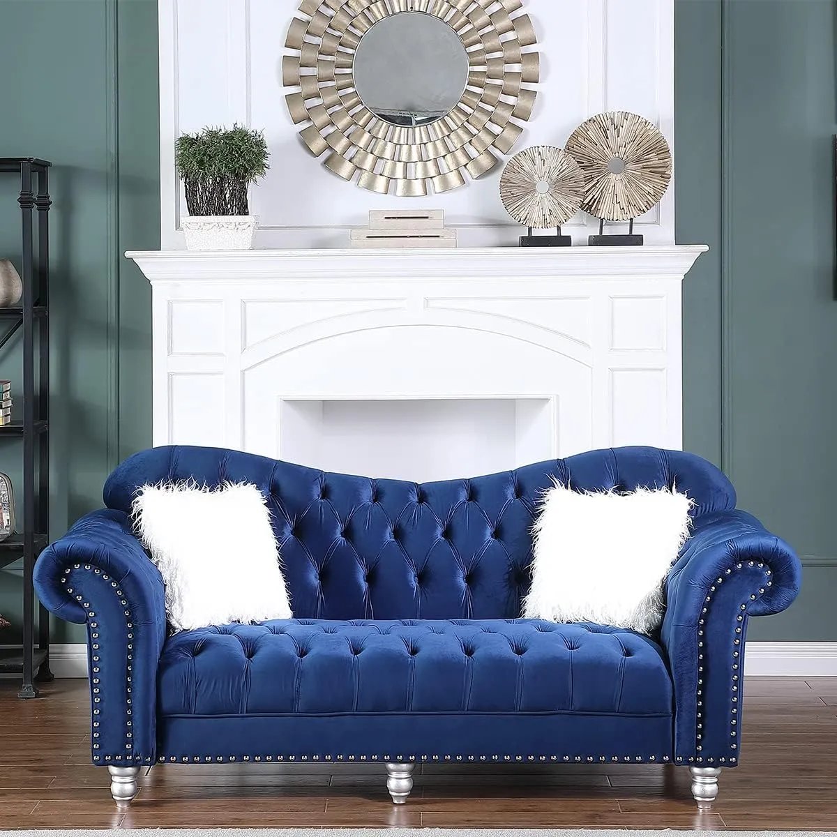 Morden Fort Chesterfield Sofa, 76" W Velvet Tufted Upholstery Sofas, Classic Couches for Living Room Furniture Sets, Blue