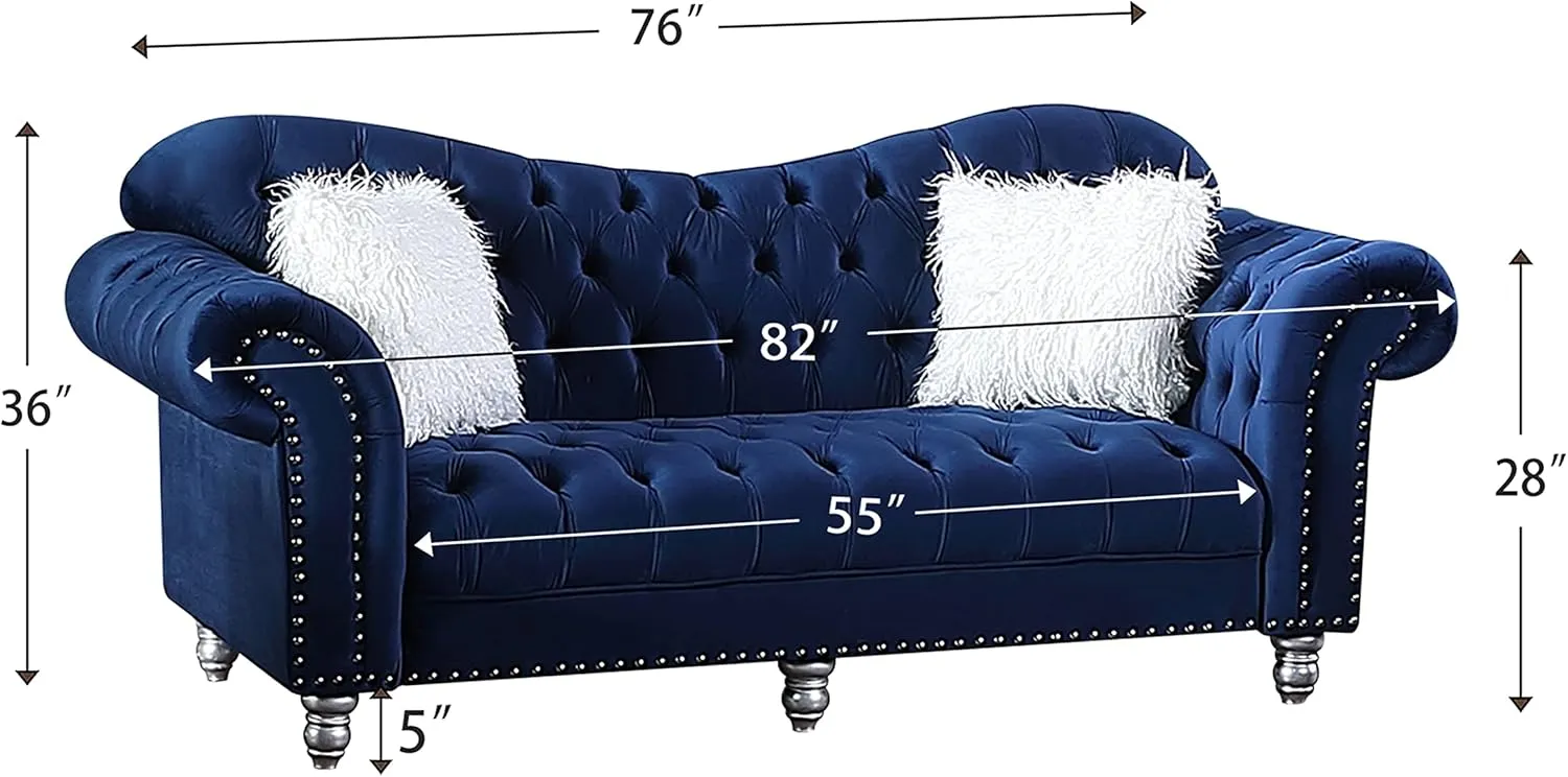 Morden Fort Chesterfield Sofa, 76" W Velvet Tufted Upholstery Sofas, Classic Couches for Living Room Furniture Sets, Blue
